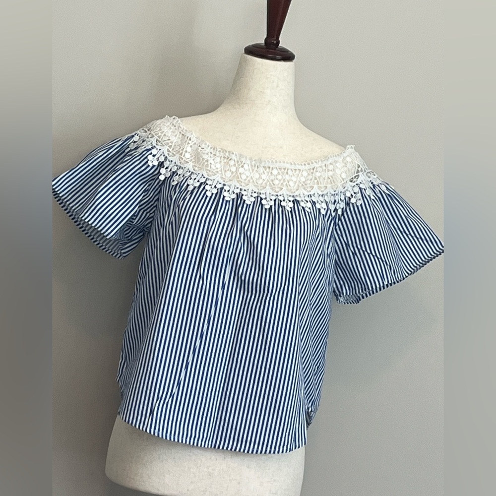 Ambiance Cottagecore  Navy and White Striped Blouse with Lace Detail
